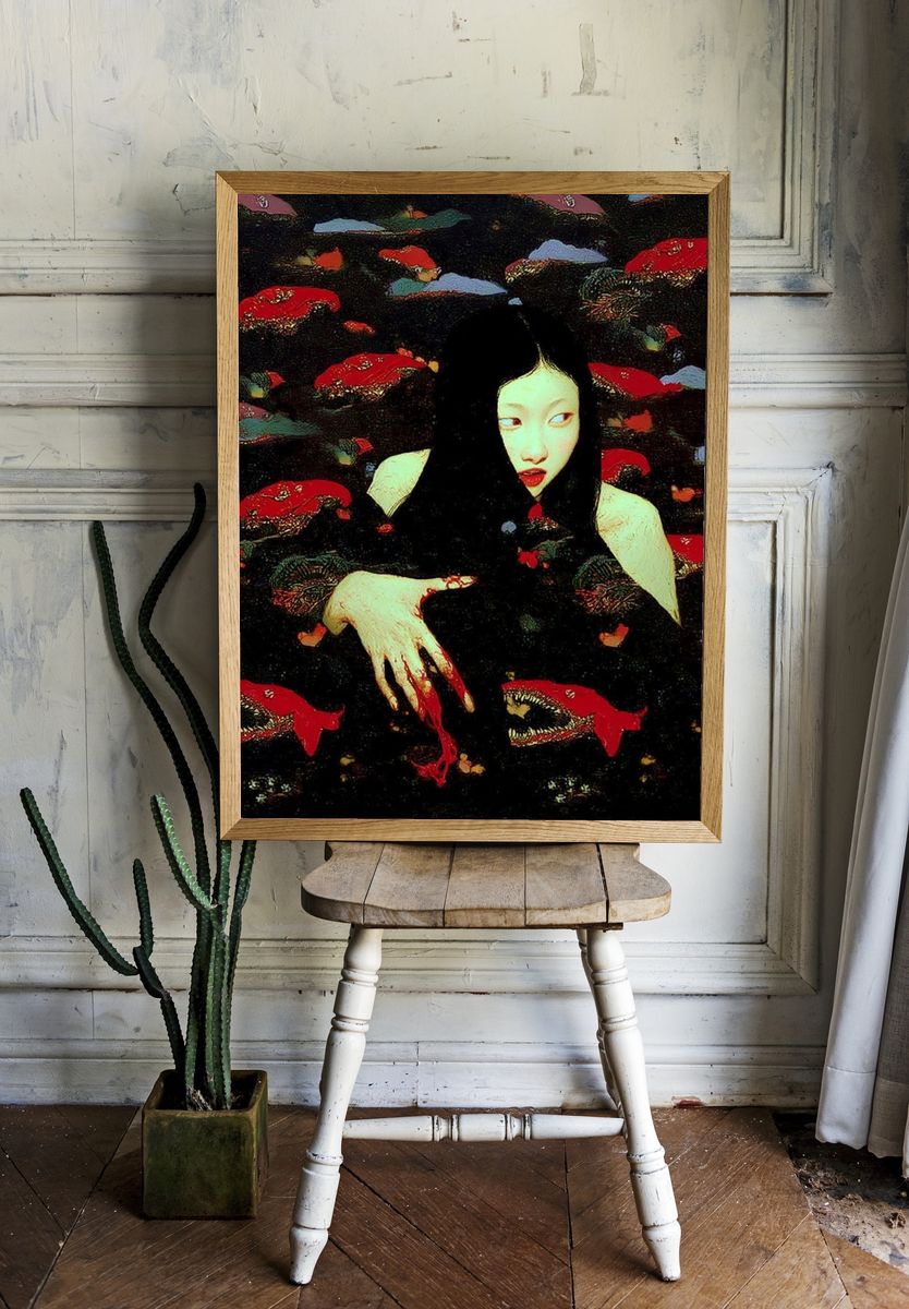 Surreal Girl and Koi Print room preview