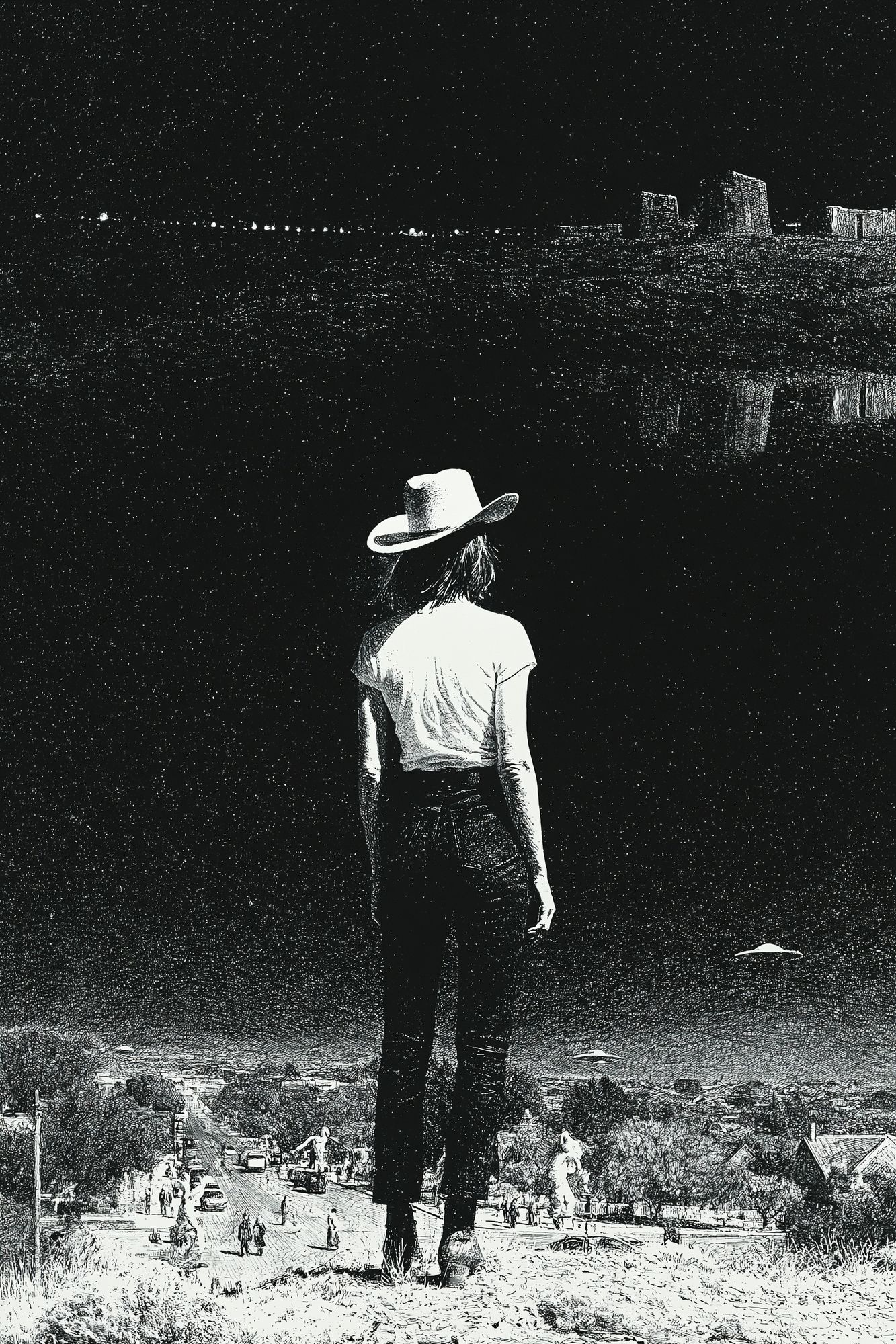 Cowgirl Overlooking Desert Town Print. poster detail