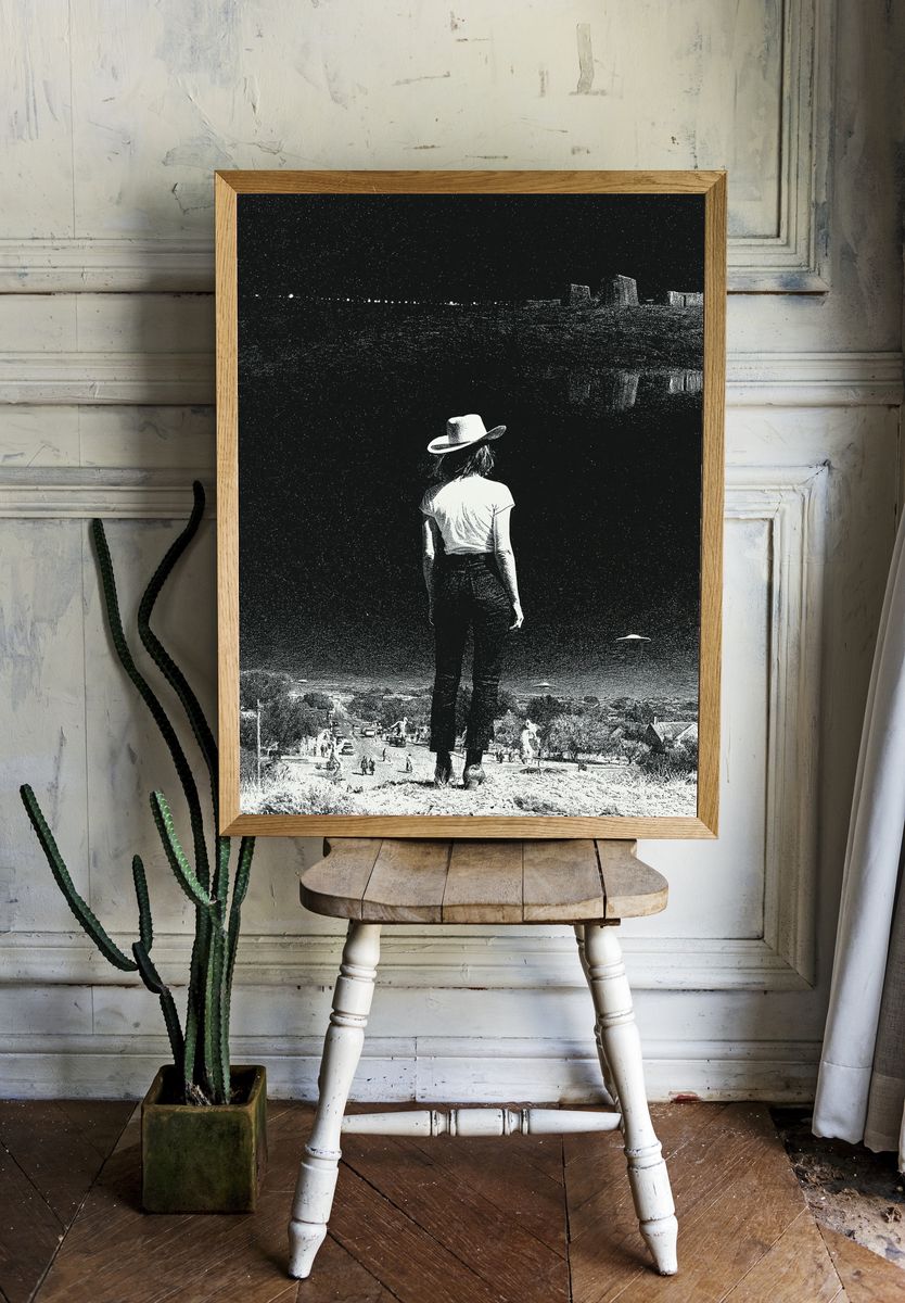 Cowgirl Overlooking Desert Town Print. room preview
