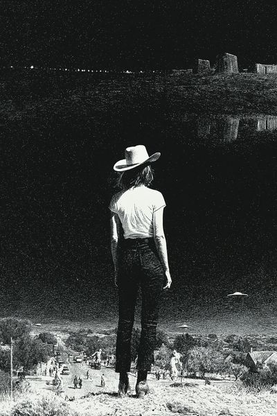 Cowgirl Overlooking Desert Town Print. poster