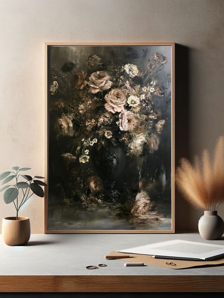 Dark Floral Still Life Poster. — room view 2