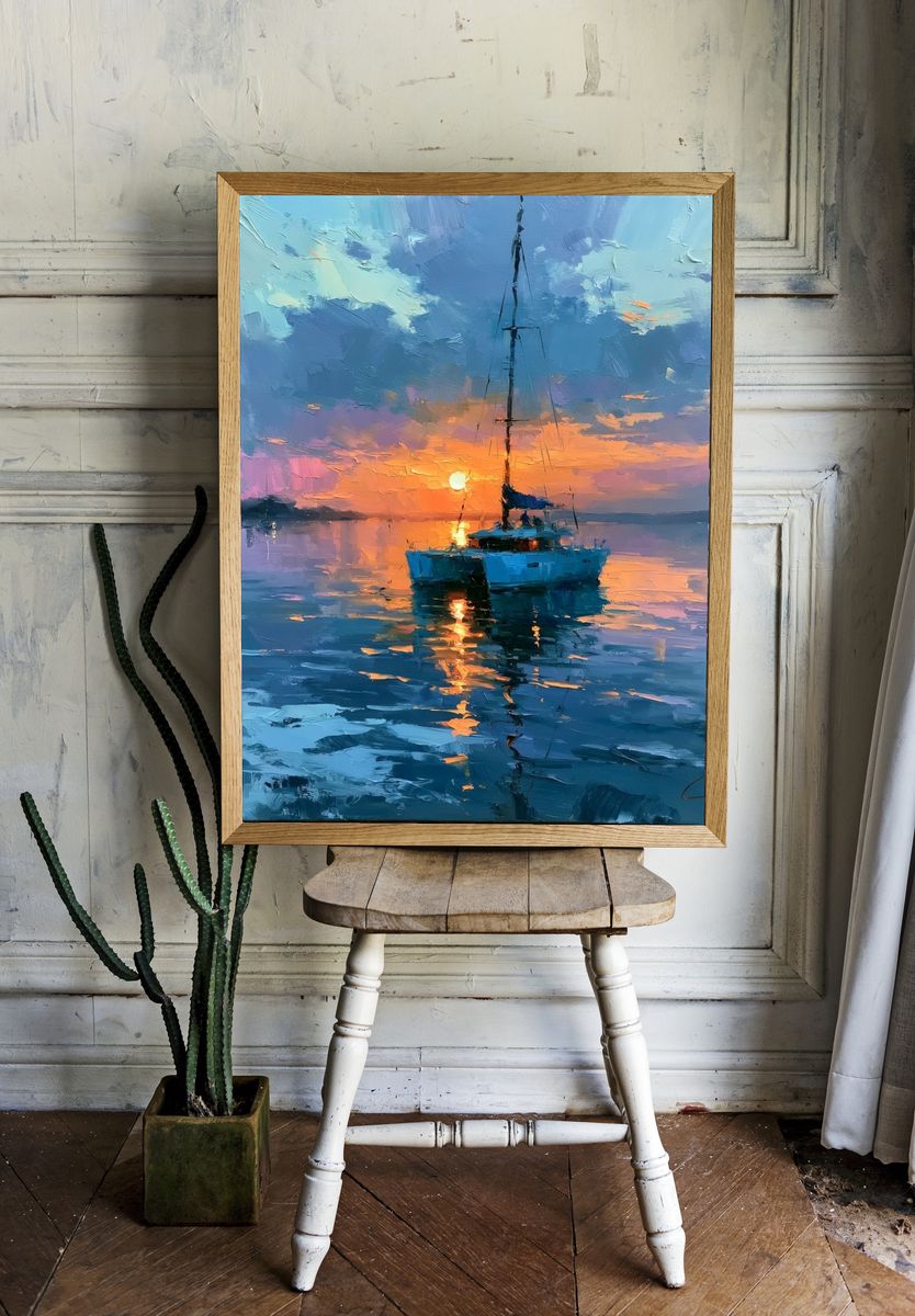 Sunset Sailboat Seascape Print. room preview