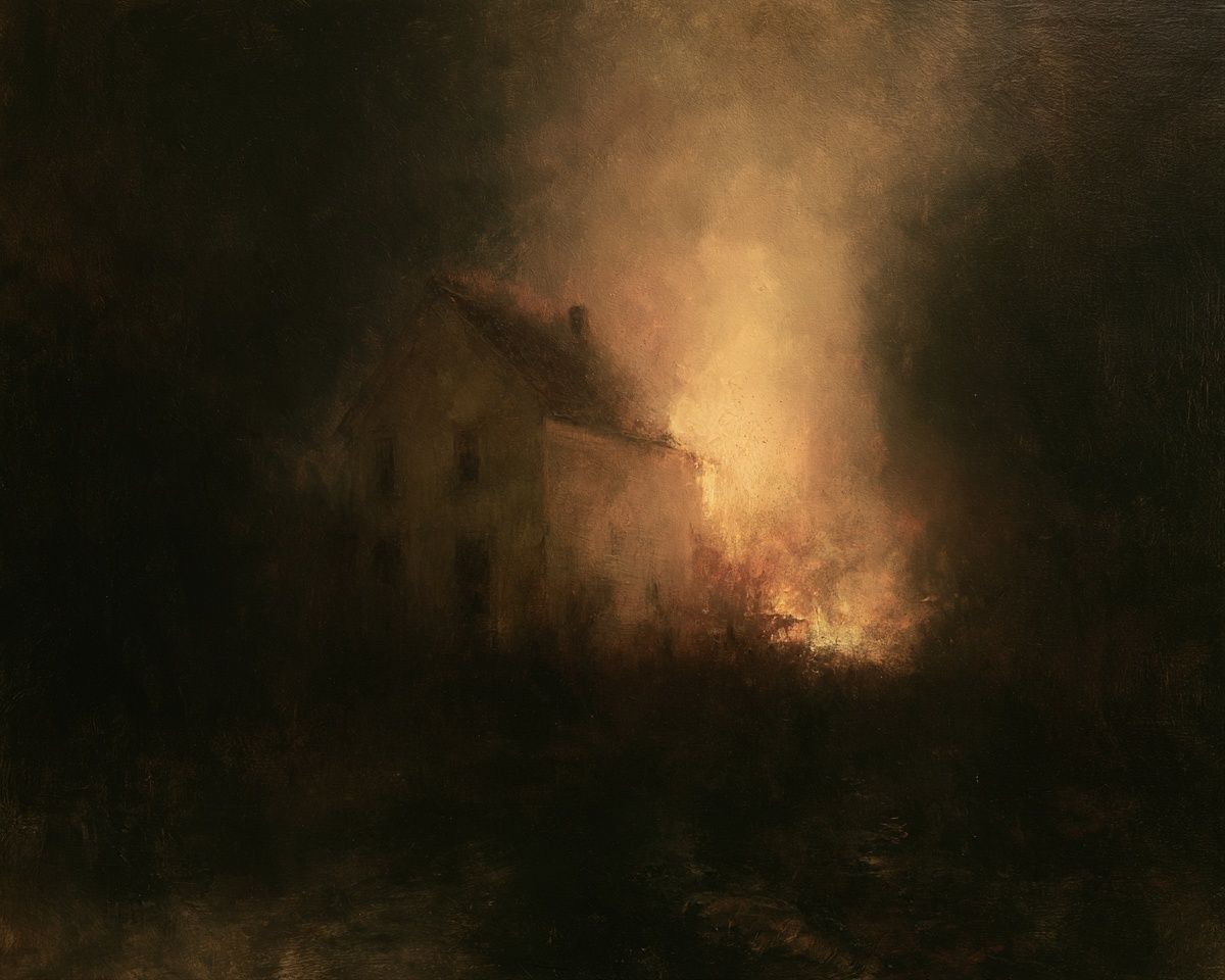 Burning House at Dusk Print. poster — fine-art art