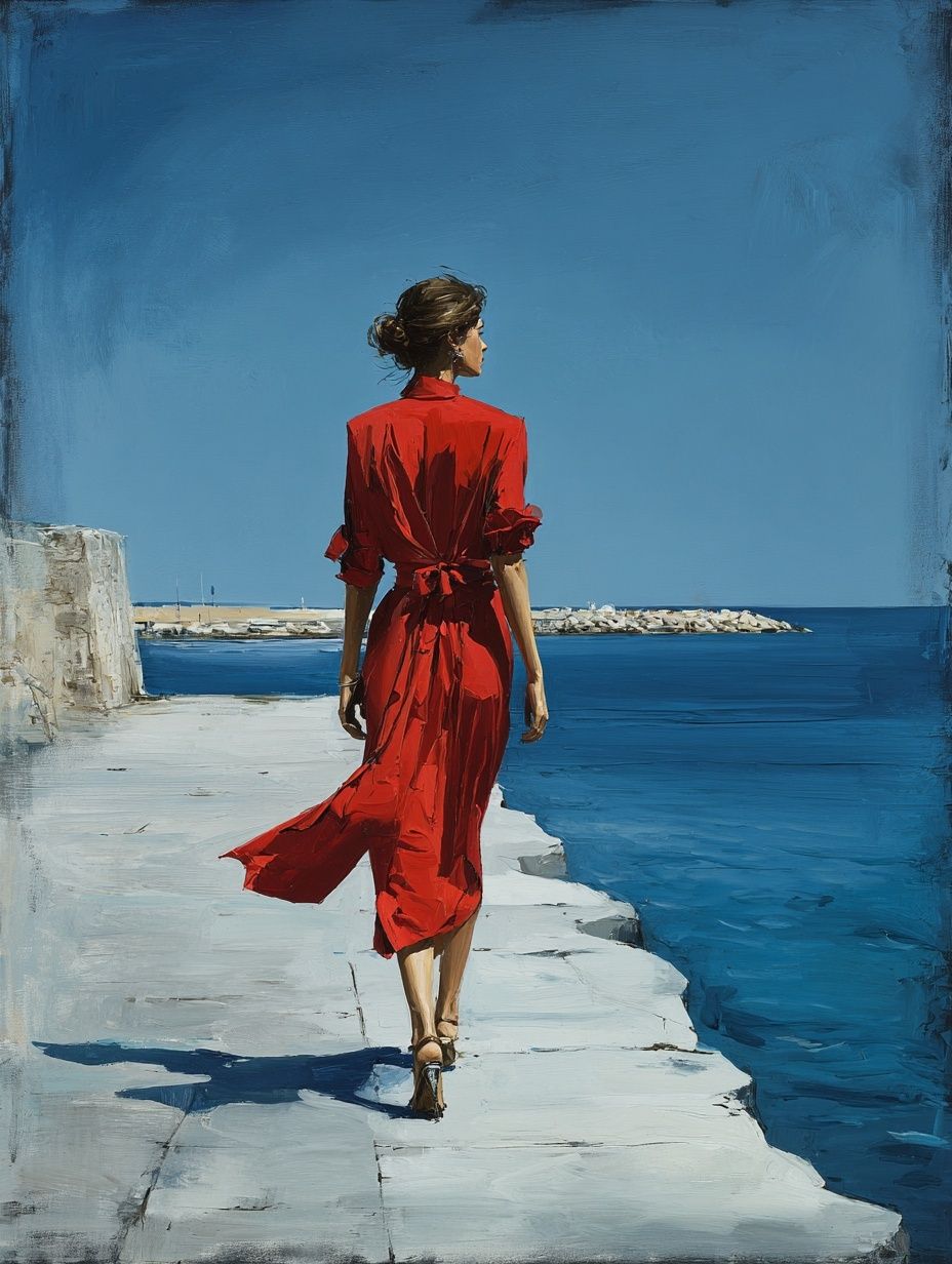 Red Dress by the Sea Print. poster — fine-art art