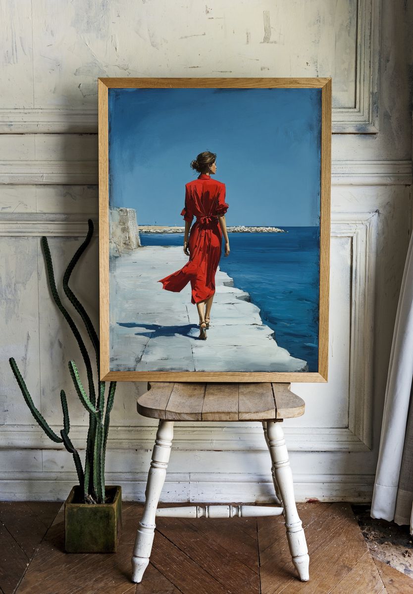 Red Dress by the Sea Print. room preview