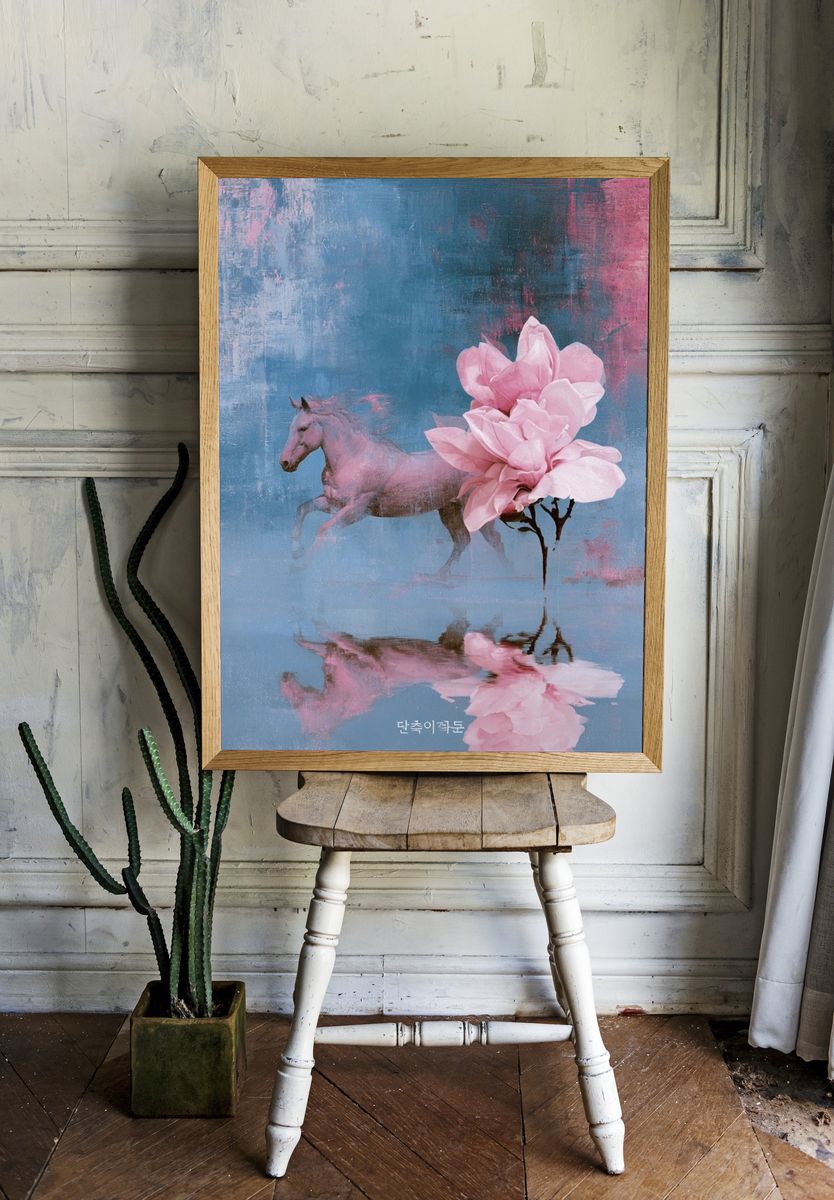 Pink Horse and Blossom Print. room preview