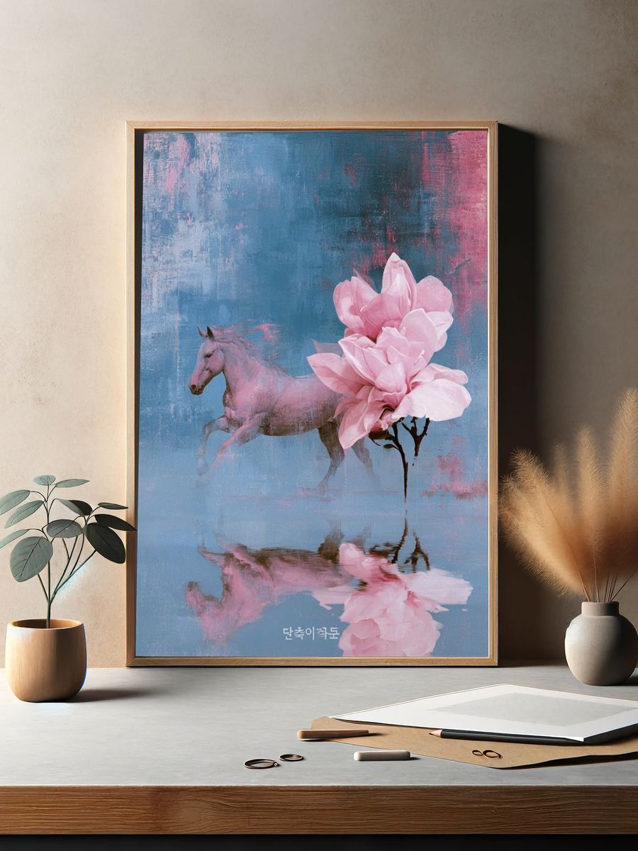 Pink Horse and Blossom Print. — room view 2