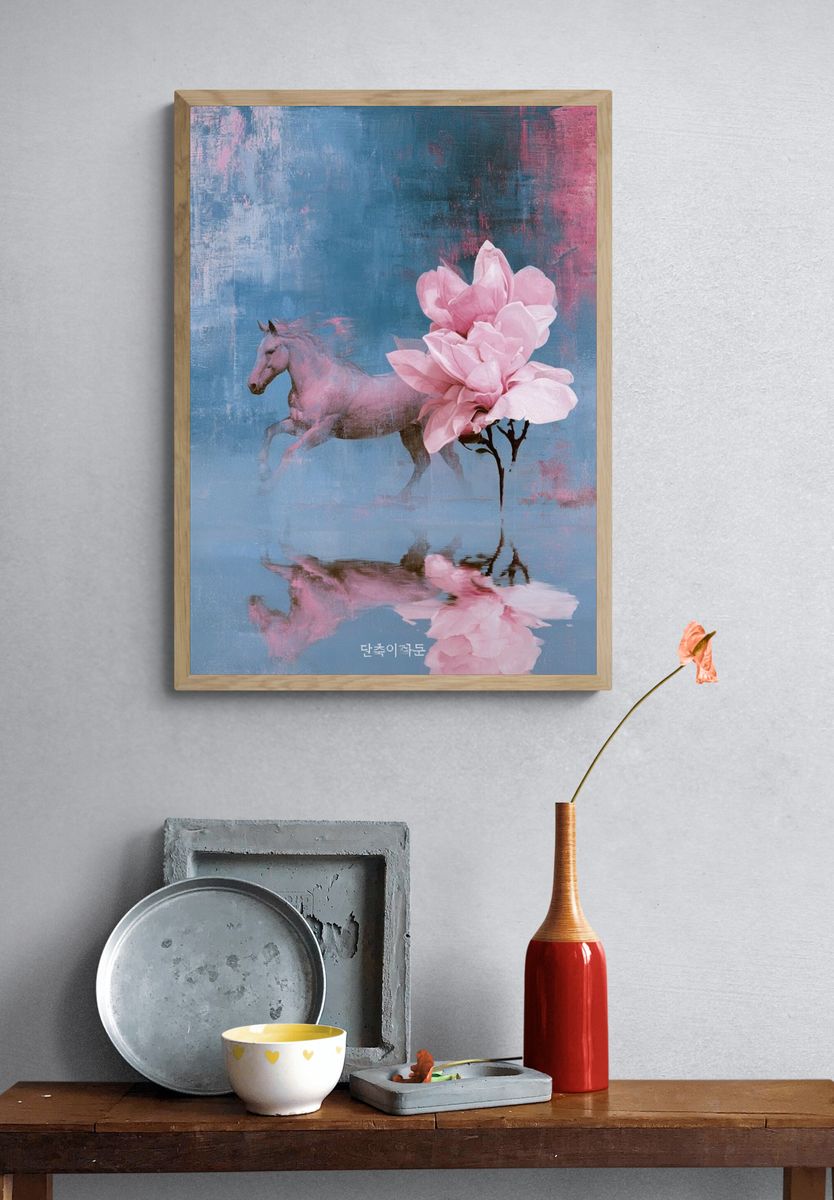 Pink Horse and Blossom Print. — room view 3