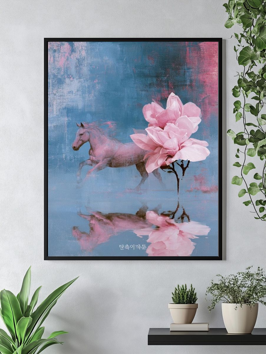 Pink Horse and Blossom Print. — room view 4