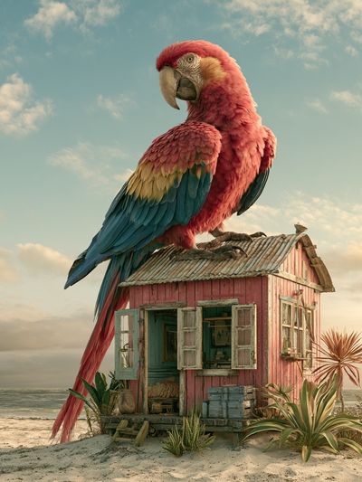 Tropical Parrot Beach House Print. poster