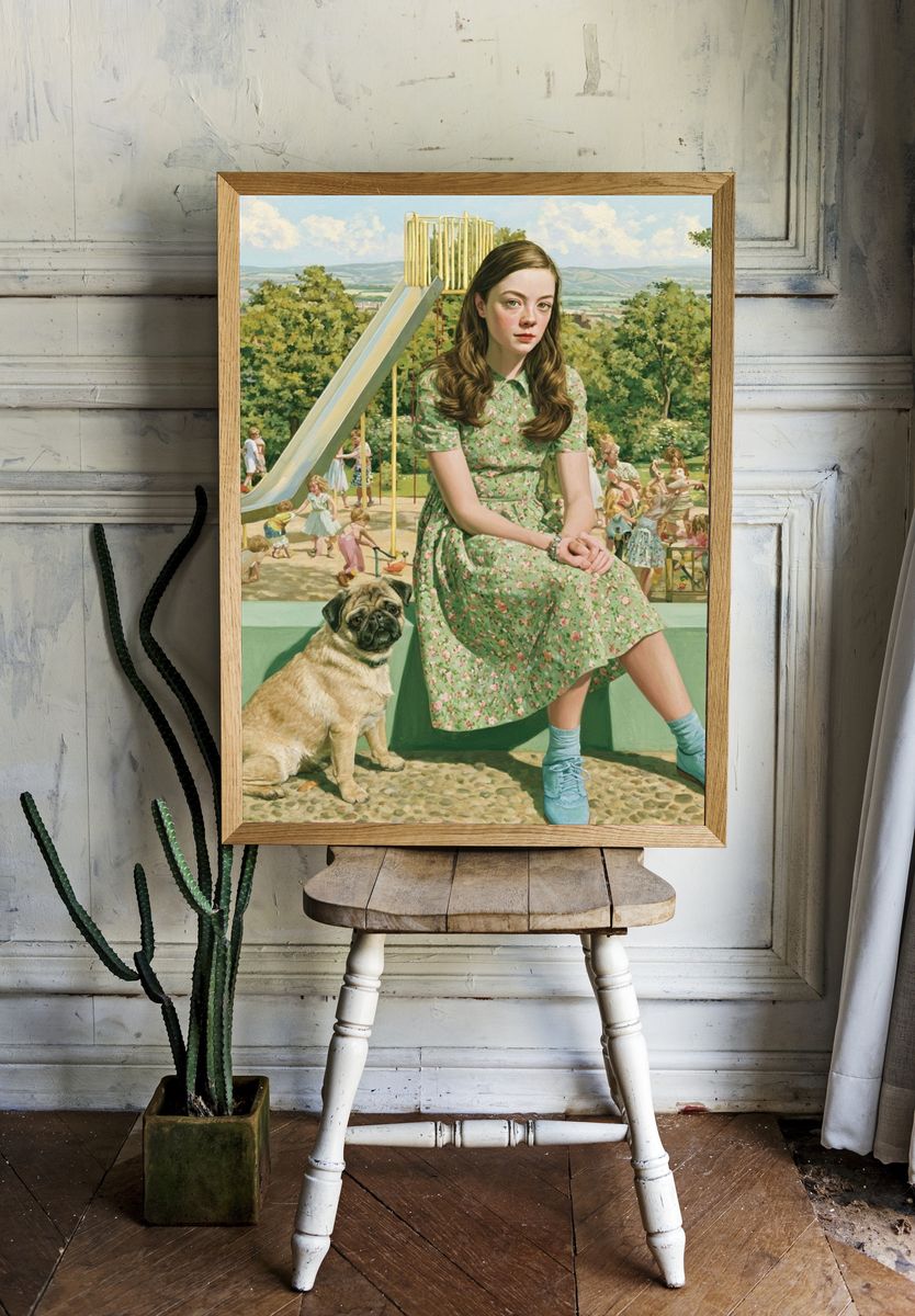 Girl and Pug in Park — Fine-Art Print. — room view 1