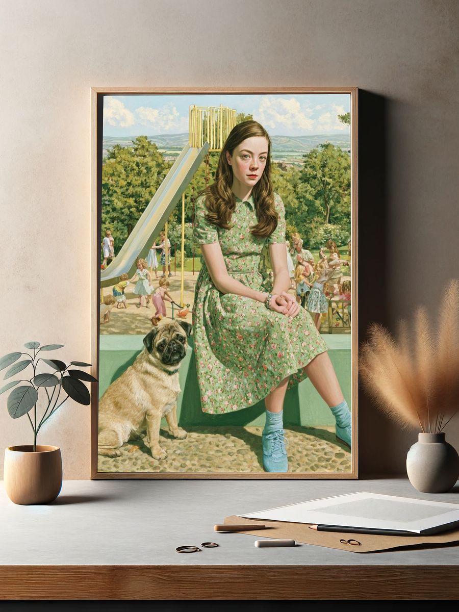 Girl and Pug in Park — Fine-Art Print. — room view 2