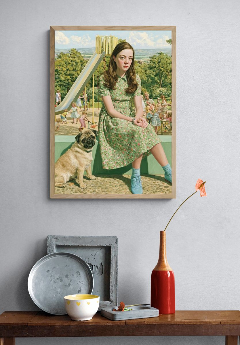 Girl and Pug in Park — Fine-Art Print. — room view 3