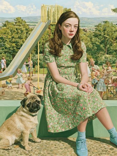 Girl and Pug in Park — Fine-Art Print. poster