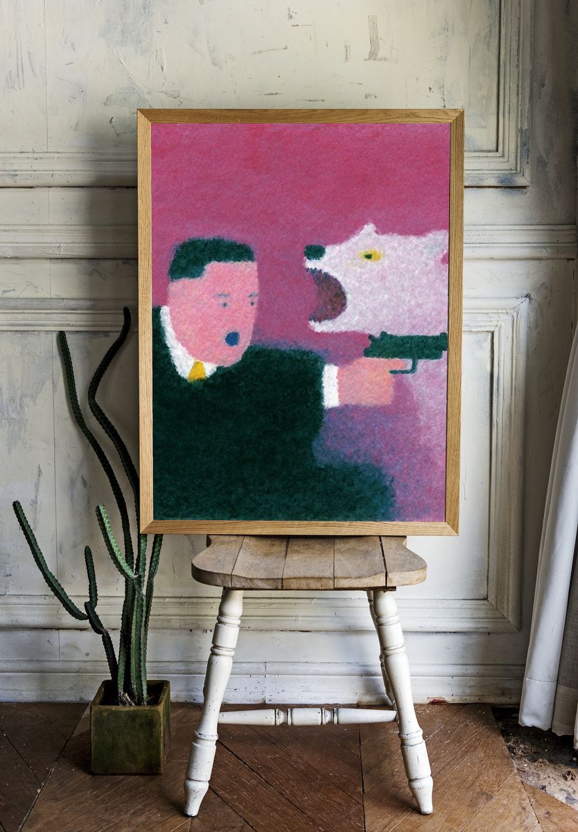 Surreal Gunman and Polar Bear Print. — room view 1