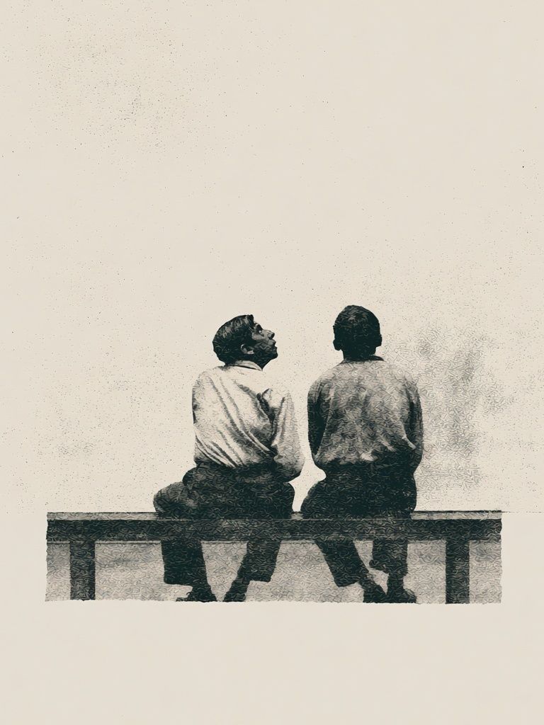 Two Men on Bench Fine-Art Print. poster detail