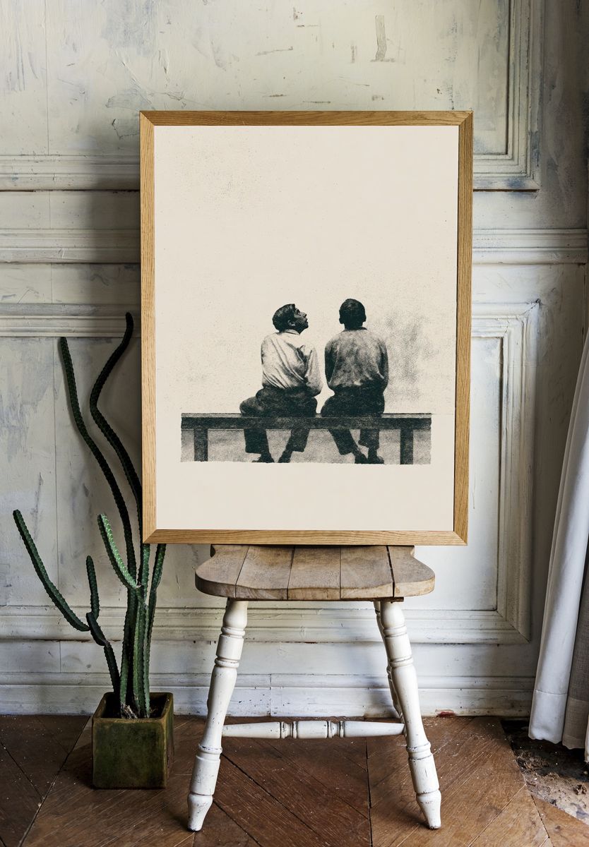 Two Men on Bench Fine-Art Print. — room view 1