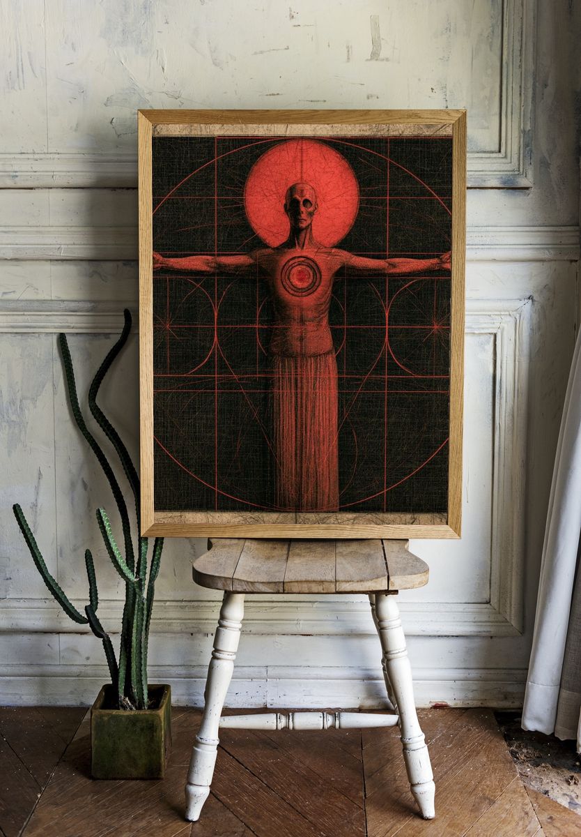 Vitruvian Skull Surrealism Poster. room preview