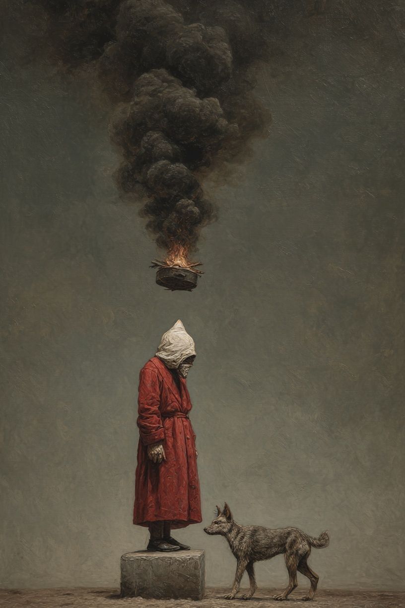 Surreal Hooded Figure and Dog Print. poster detail