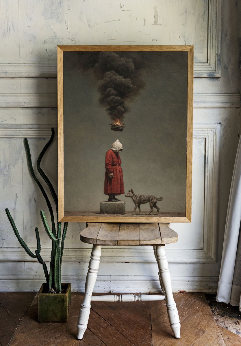 Surreal Hooded Figure and Dog Print. — room view 1
