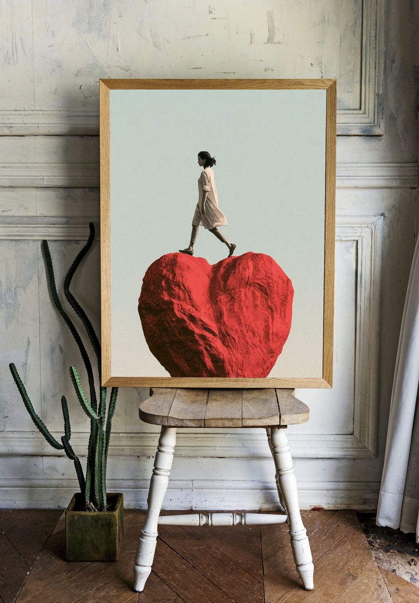 Walking on a Heart Surrealism Print. room preview