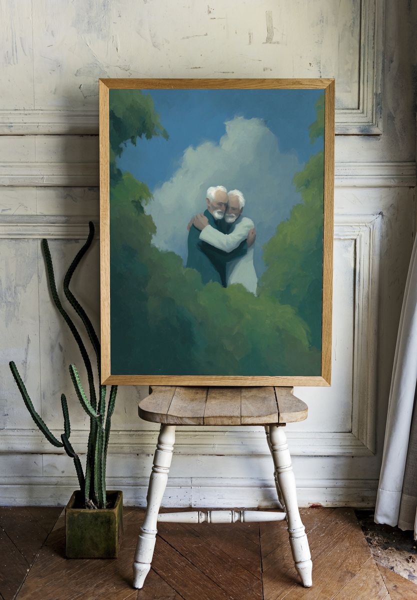 Elderly Embrace in the Clouds Print. room preview
