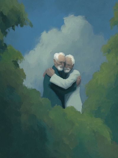 Elderly Embrace in the Clouds Print. poster