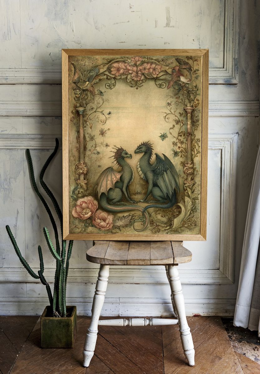 Twin Dragons Art Nouveau Poster room preview
