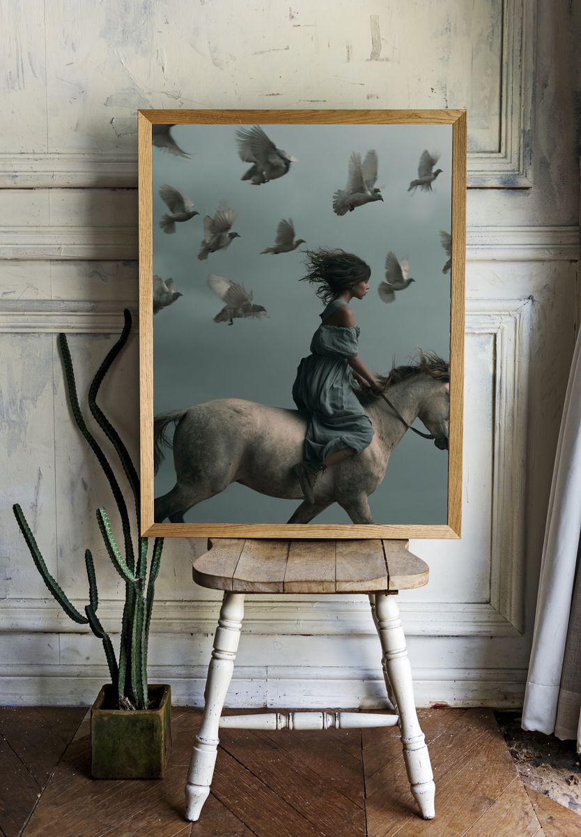 Girl on Horse Surrealism Print. — room view 1
