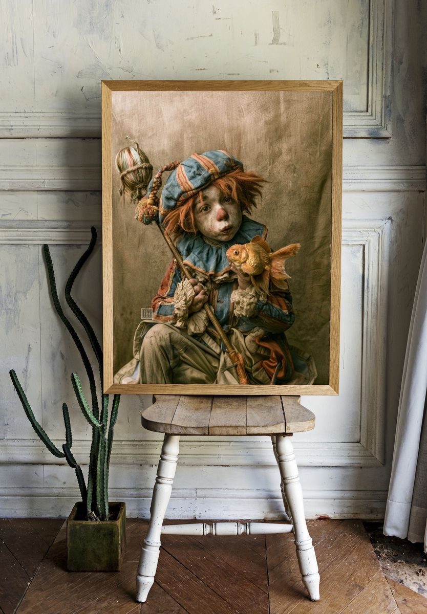 Surreal Clown with Goldfish Print. room preview