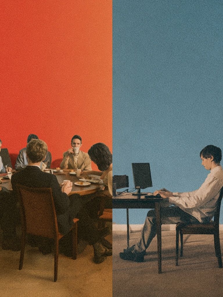 Split Scene Dinner and Desk Poster. poster — fine-art art
