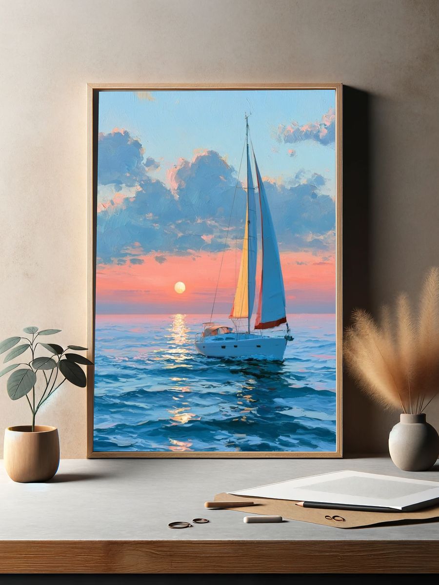Sailboat Sunset Seascape Print. — room view 2