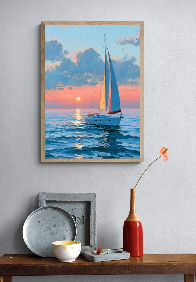 Sailboat Sunset Seascape Print. — room view 3