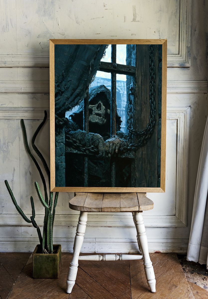 Caged Skeleton Horror Print. room preview