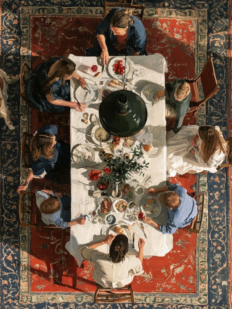 Overhead Family Dinner Painting Poster. poster — fine-art art