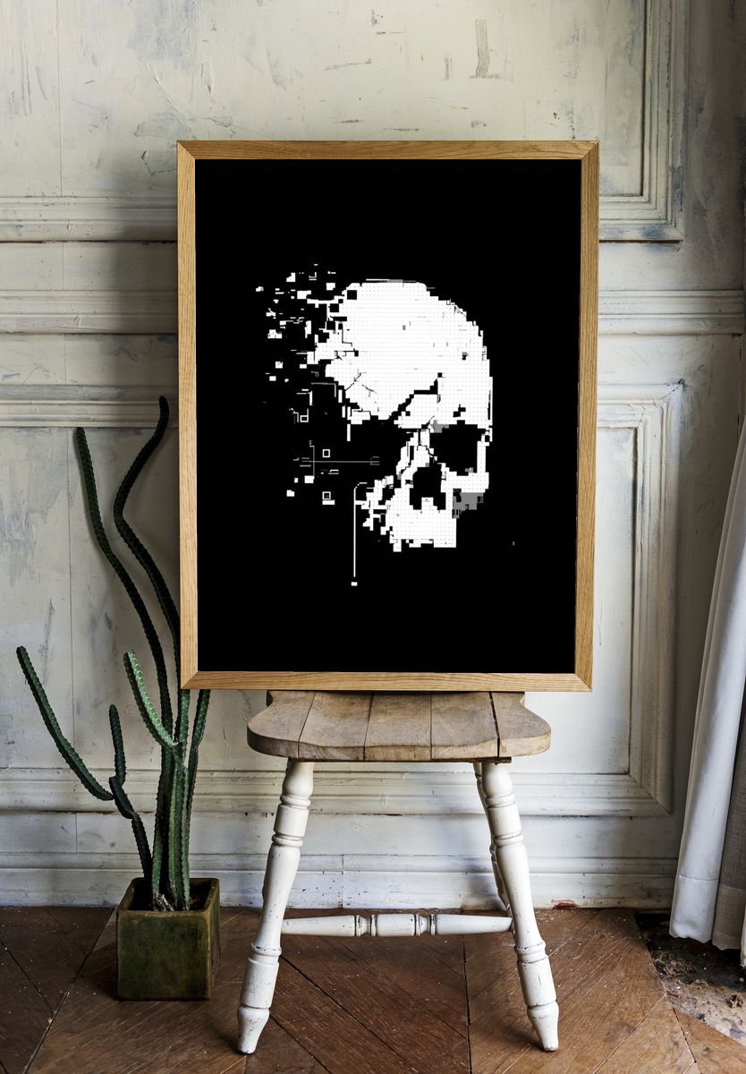 Glitch Skull Black-White Poster. — room view 1