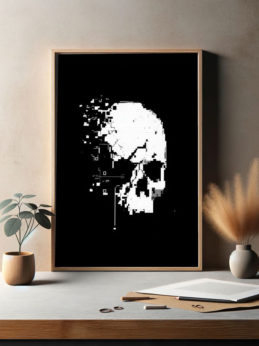 Glitch Skull Black-White Poster. — room view 2