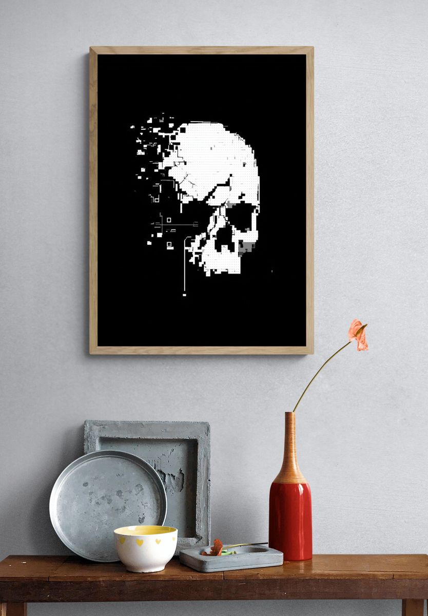 Glitch Skull Black-White Poster. — room view 3