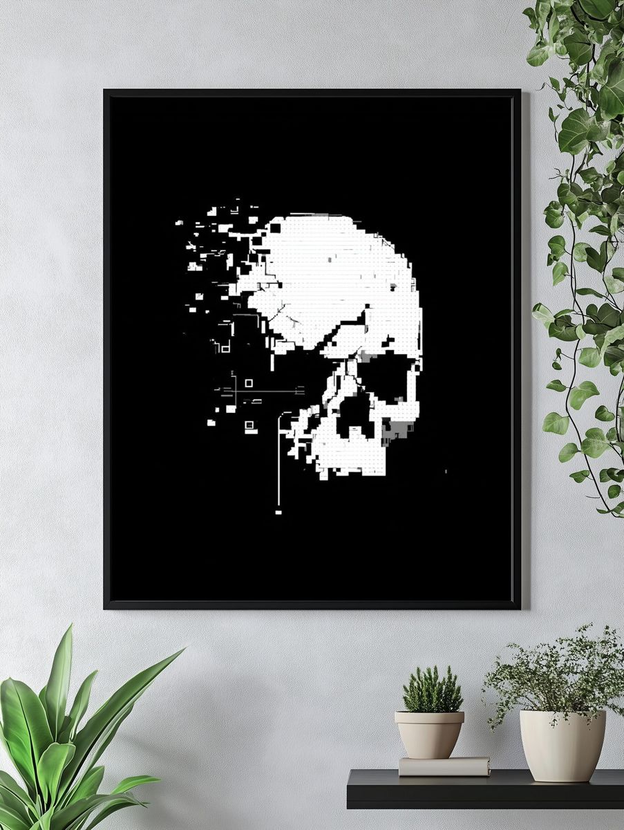 Glitch Skull Black-White Poster. — room view 4