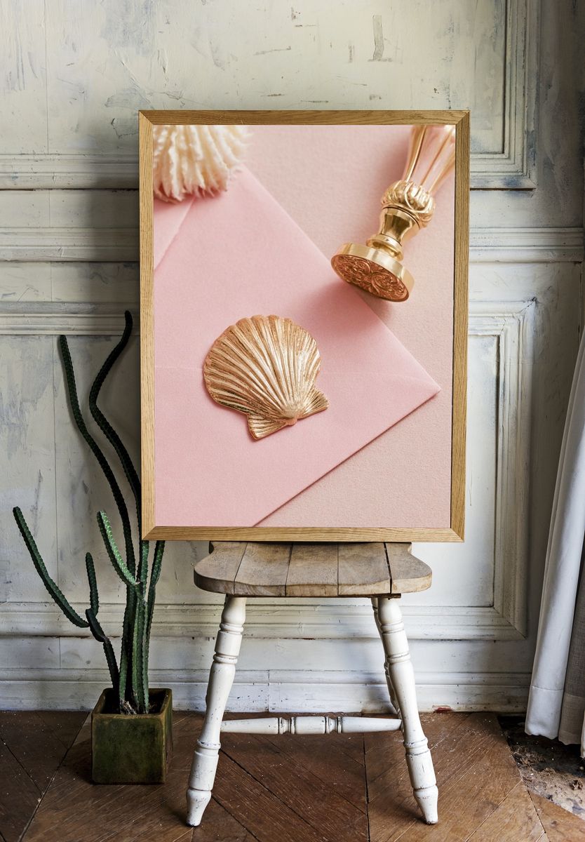 Pink Seashell Still Life Print. room preview