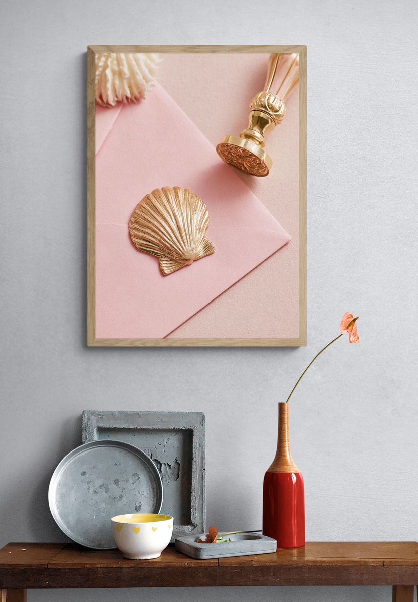 Pink Seashell Still Life Print. — room view 3