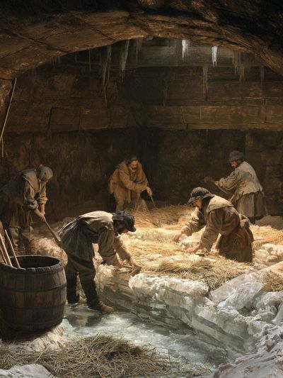 Ice Harvesting Cave Scene Poster. poster