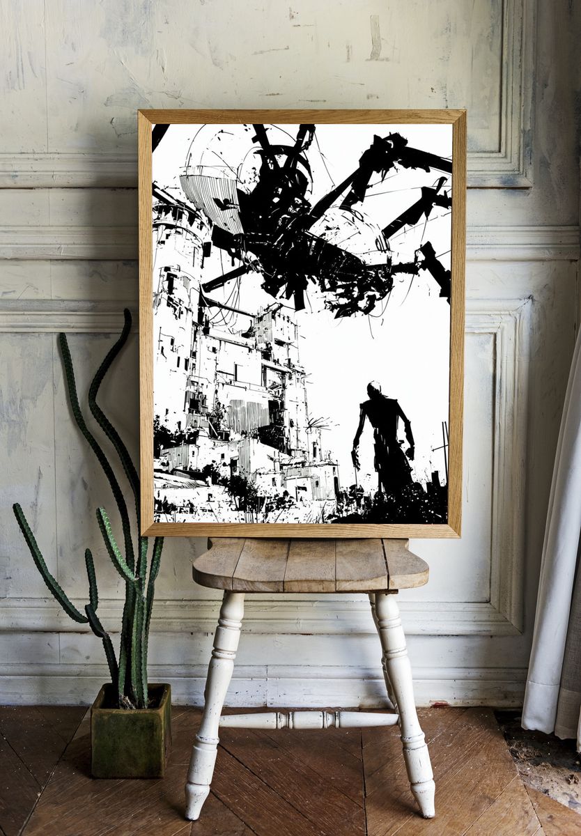 Surreal Industrial Cityscape Print. room preview