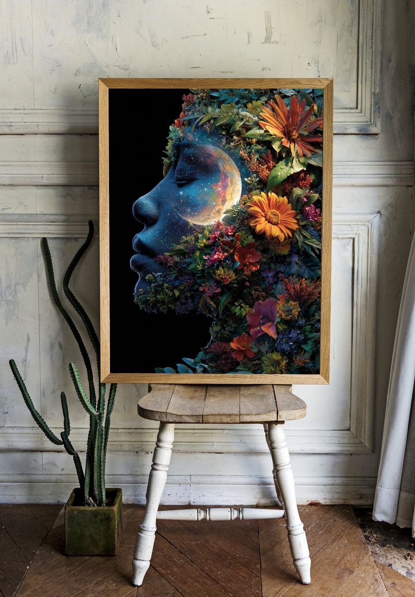 Cosmic Floral Face Surrealism Print room preview