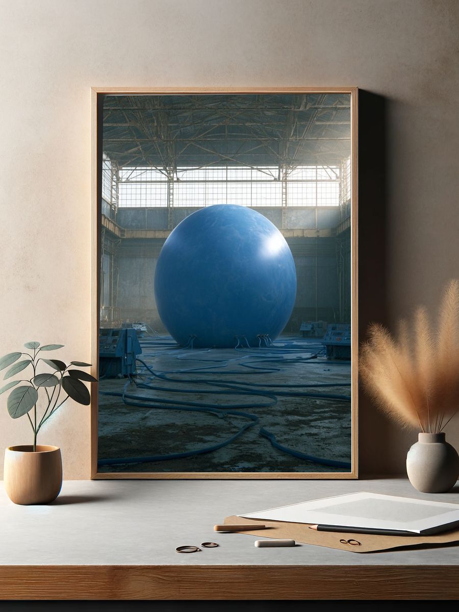 Blue Sphere Industrial Hall Poster. — room view 2