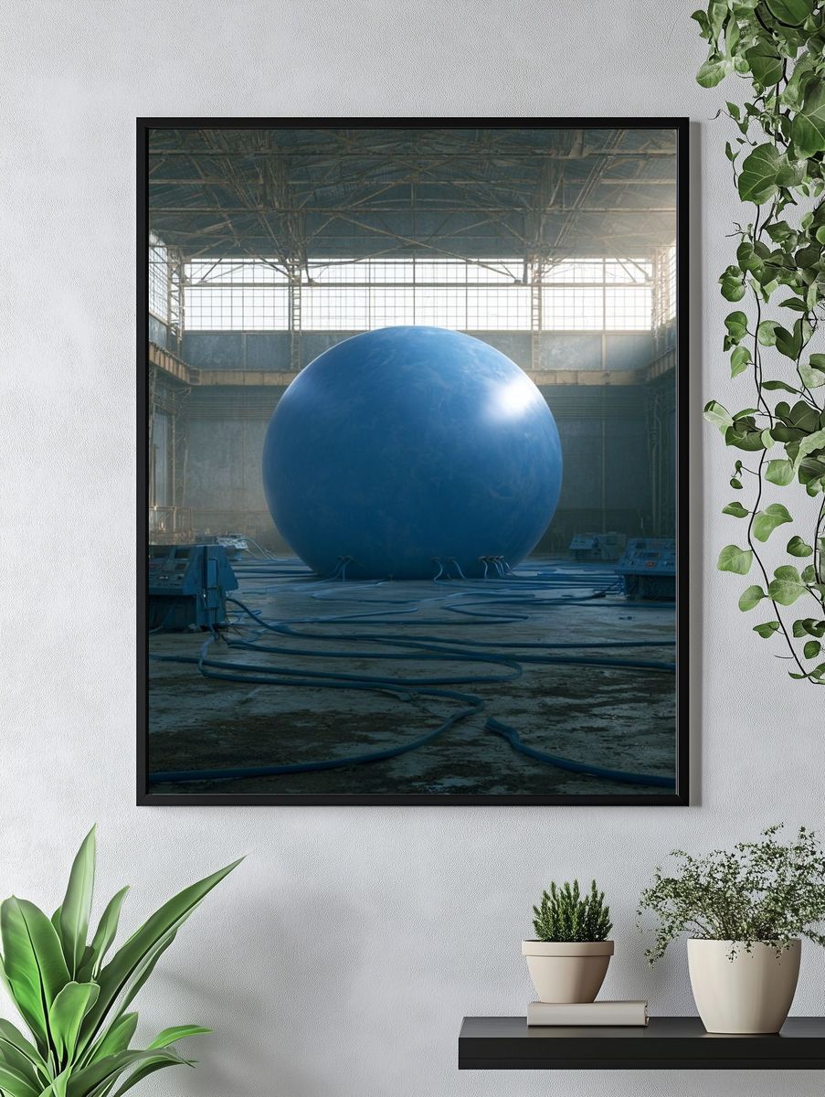 Blue Sphere Industrial Hall Poster. — room view 4
