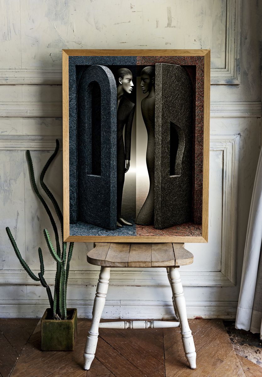 Surreal Dual Figures Abstract Print. — room view 1