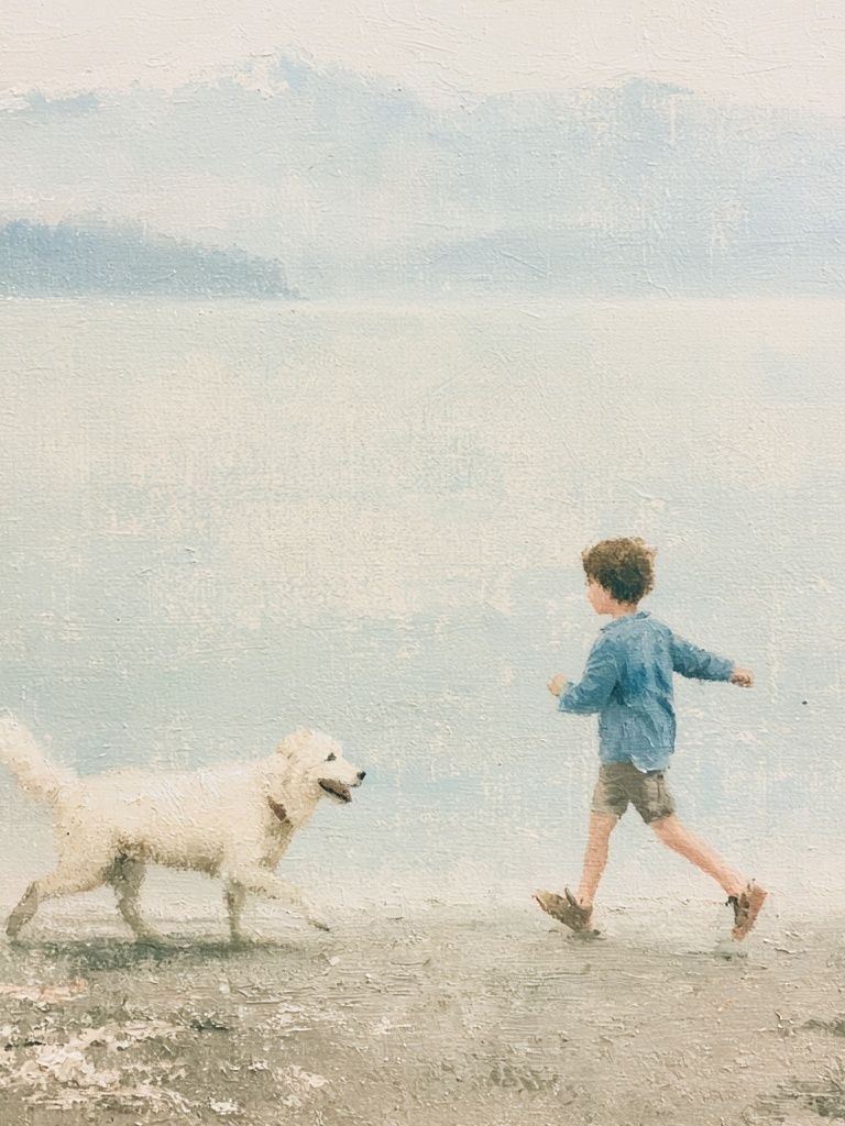 Boy and Dog by the Sea Print. poster — fine-art art