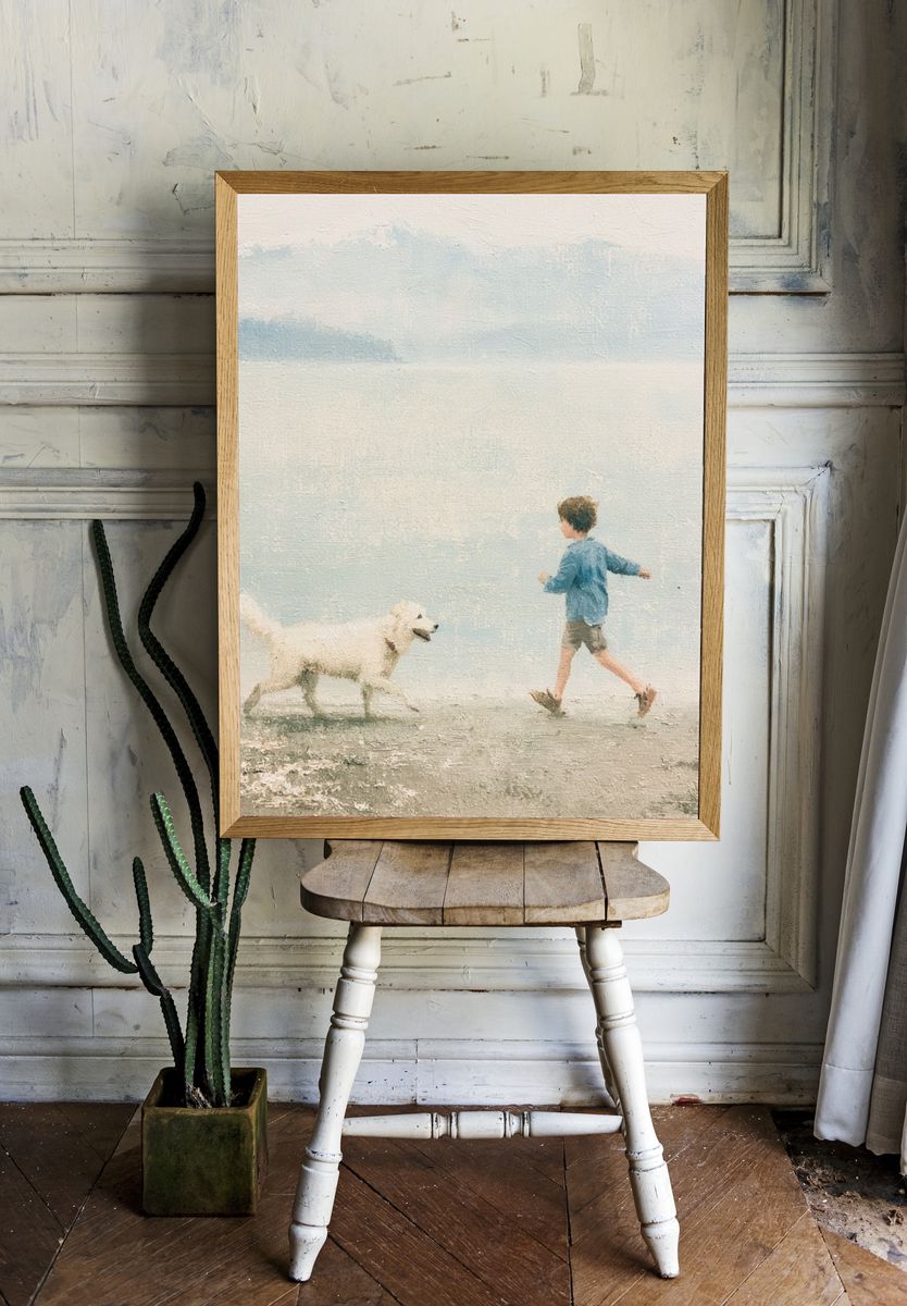 Boy and Dog by the Sea Print. — room view 1