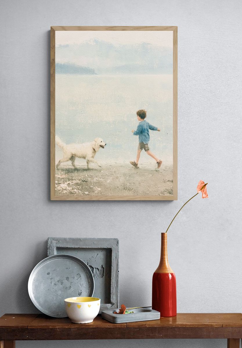 Boy and Dog by the Sea Print. — room view 3